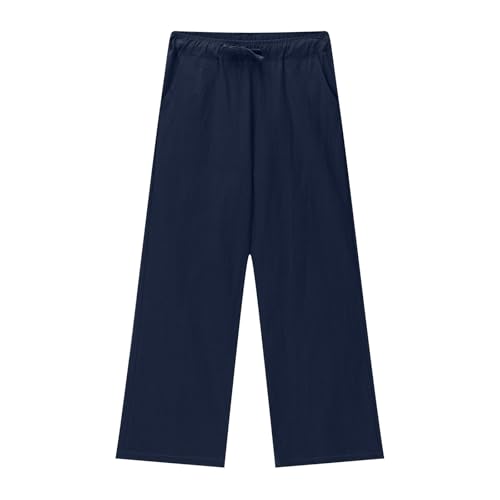 Girls Cotton Linen Pants Summer Wide Leg Casual Loose Trousers Drawstring High Waist Palazzo Pants with Pockets3