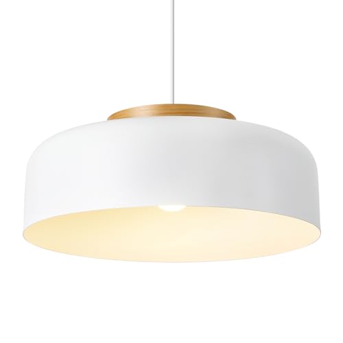 HUAWIYA Large Pendant Lighting, 17.7 inch,Natural Wood Cap, Adjustable Cord,Simple Modern Chandelier for Dining Room, Kitchen Table Matte White