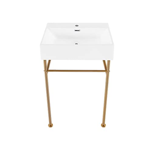 Claire 24 Ceramic Console Sink White Basin Brushed Gold Legs #TOP20