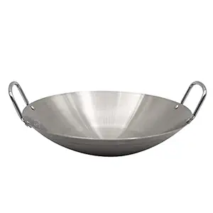 Aynaxcol Round Bottom Stainless Steel Wok, Traditional Canton Style Frying Pan Multi- Cooking Wok Dual- Handled Heavy Stainless Steel Wok (10 Inch/ 26cm)