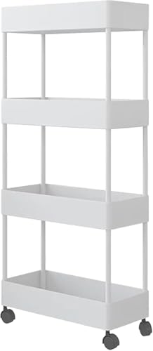 BTtime キッチンワゴン ファイルラック 4段 幅13cm 折り畳み式 スリムワゴン バスケットラック デスク下収納 移動式 デスク キャスター付き 耐荷重 キッチンラック収納棚 隙間ラック 書類収納 (ホワイト)