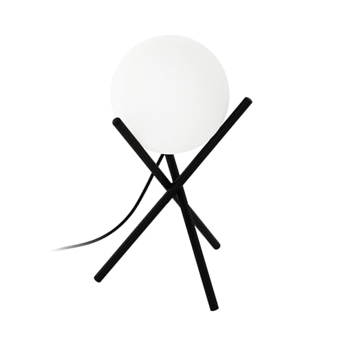 EGLO Tischlampe Castellato, Tischleuchte, Nachttischlampe aus Metall in Schwarz und Glas in Weiß, Wohnzimmerlampe, Lampe mit Schalter, E14 Fassung