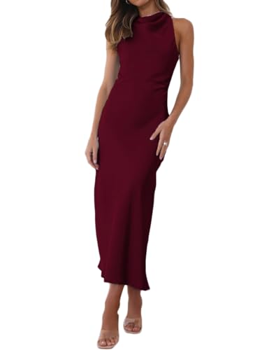 Image of Halfisland Womens Satin High Neck Backless Sleeveless Cocktail Midi Dress