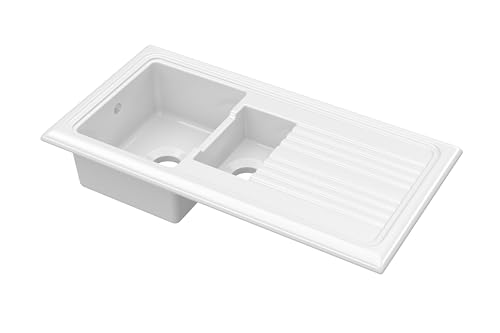 Balterley Ceramic Kitchen Sink with Drainer & Overflow Hole, 101cm Bowl Inset Fireclay White Kitchen Sink, 1.5 Double Bowl Reversible Sinks with Grooved Drainer - 1010 x 525 x 235mm (White)