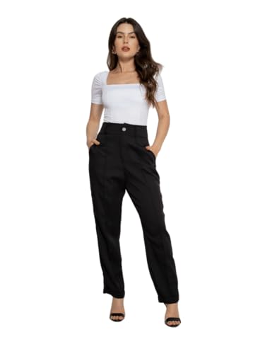 Calça Social Feminina de Alfaiataria com Bolsos – Cintura Alta, Corte Reto e Elegante para Trabalho e Moda Executiva | REF: CL-0028 (BR, Alfa, GG, Regular, Regular, Preto)