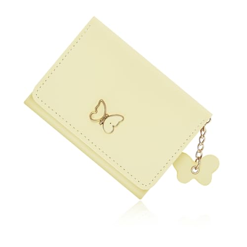 Small Wallets Woman, Cute Tri-fold Ladies Coquette Wallet for Women, Butterfly Design Business Credit Card Coin Holder Purse with ID Window for Cash Key Change (Yellow)