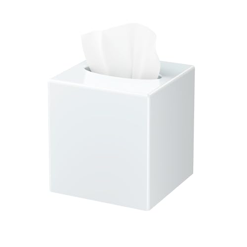 Tissue Box Cover Square Plastic Tissue Box Holder with Anti Slip Base Modern Decor Facial Napkin Holder for Bathroom Vanity Countertop Bedroom Dresser Night Stand Parlors Offices White