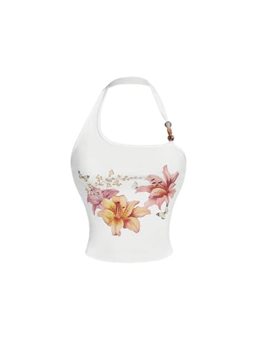 Milumia Women's Beaded Floral Backless Halter Top Asymmetrical