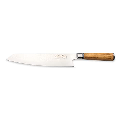 Katana Saya 24cm Kiritsuke Knife, 67-Layer VG-10 Damascus Stainless Steel, Olive Wood Handle, Silver