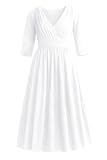 Runwind Plus Size Maxi Dress for Curvy Women - Casual Long 3/4 Sleeve Wedding Guest Dress with Pockets White