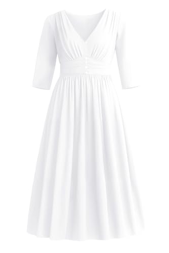 Runwind Plus Size Maxi Dress for Curvy Women - Casual Long 3/4 Sleeve Wedding Guest Dress with Pockets White