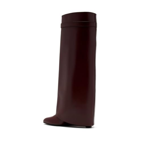 Image of keleimusi Fold Over Wedge Boots Heeled PadLock Pant Knee High Shoes Tall /Short Booties in Burgundy