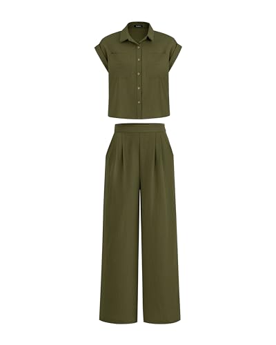 PRETTYGARDEN Womens 2 Piece sets Summer Cap Sleeve Tops Palazzo Pants Dressy Casual Vacation Travel Outfits Tracksuits(Army Green,Small)