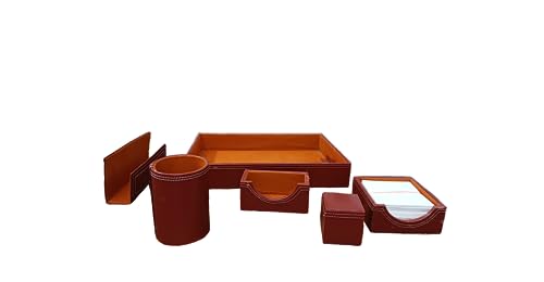 Image of LUVYANSH Genuine Leather Multipurpose Desk Organizer 6-in-1 Desktop Pen Stand With Business Card Holder Mobile Holder & Remote Stand for Office Desk Table Storage Organizer Box(Brown) Colour
