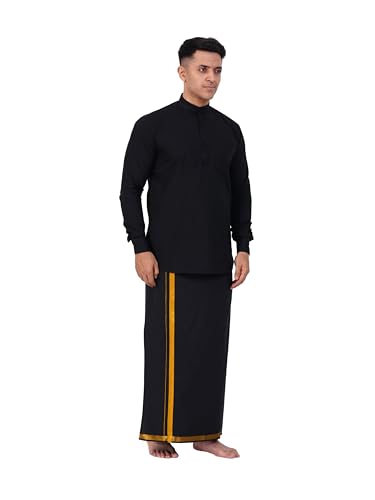 Prakasam Cotton Mens Single Gold Jari Border (1.28X2.00 Mtrs) Black Dhoti + Readymade Full Sleeve Mandarin Collar Black Shirt