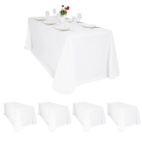 Pesonlook Lot de 4 Nappes Rectangulaires Blanches 229 x 396 cm, Grande Nappe de Table en Polyester Lavable et Résistante aux Taches pour Mariage, Banquet,...
