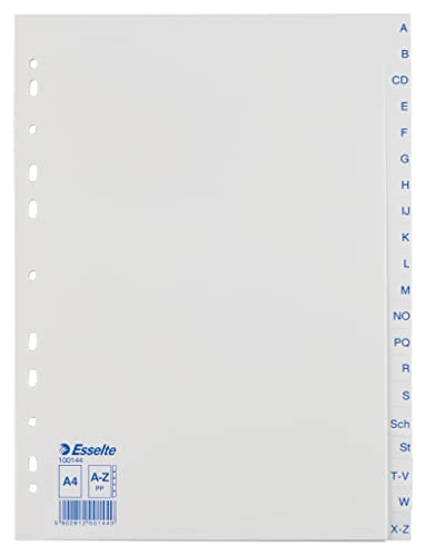 Leitz Esselte Register für A4 20 Trennblätter Taben mit alphabetischem Aufdruck A-Z Blau/weiß Robuster Kunststoff 100144