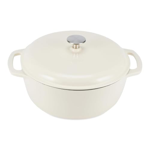 Image of Amazon Basics Enameled Cast Iron Dutch Oven Pot with Lid, Round, Dual Handles, Heavy-Duty, Oven Safe for Stews, Roasting, Baking, 6-Quart, White