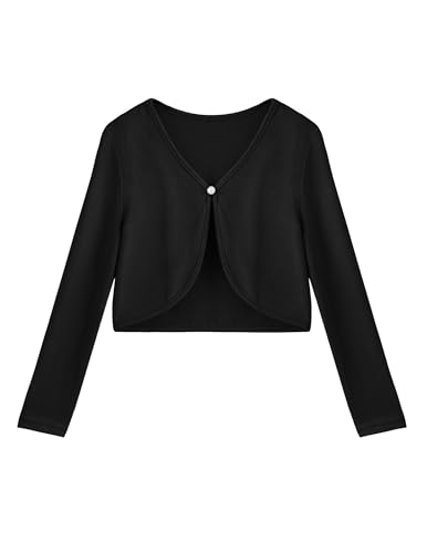 Arshiner Mädchen Bolero mit offener Vorderseite Strickjacke Cardigan für Kinder Strick-Bolero mit Langen Ärmeln und Knopfverschluss Schwarz 140
