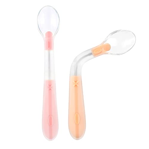 Vicloon 2 pcs Cuchara de Silicona para Alimentación de Bebés con Función Plegable, Cucharas de Bebé, Cuchara para Bebé para Alentar Su Bebé Comer de Forma Independiente (Rosa y Amarillo)