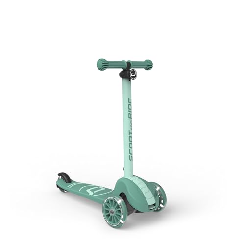 Scoot & Ride Highwaykick 3S Patinete infantil a partir de 3 años, altura regulable, 2 posiciones, dirección LED, ruedas plegables para niños, 96 – 130 cm (Forest)