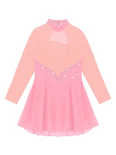 Tssoe Girls Long Sleeves Sequins Mesh Patchwork Gymnastics Ballet Dance Dress Figure Ice Skating Dress B02 6 Years #TOP3