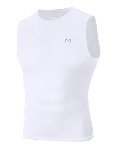 Moozava Sleeveless Compression Shirt for Men, Cool Dry Workout Top Training, Breathable Muscle Support Fitness Undershirt White