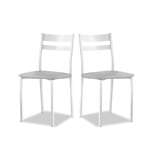 Astimesa - Silla de Comedor o Cocina de Metal Blanca - Asiento Polipiel en Color Gris - 2 Unidades - 38 cm (Ancho) x 45 cm (Alto Asiento) x 85 cm (Alto Total) x 40 cm (Fondo)