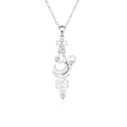 OM Breathe Symbol Yoga Necklaces - 925 Sterling Silver Cubic Zirconia Lotus Flower Just Breathe Necklace OM Sanskrit Jewelry Gifts for Women