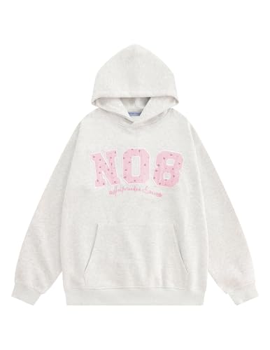 Aelfric Eden Womens Oversized Graphic Hoodies Y2k Flower Embroidery Number Print Pullover Hooded Sweatshirt Unisex Grey X-Small
