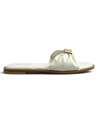 Image of MOVIDA Lumi Ruched Bow-Strap Flat Slide Sandal, White, for Casual Beach and Resort Wear, with Cushioned Footbed and Light Gold Square Buckle