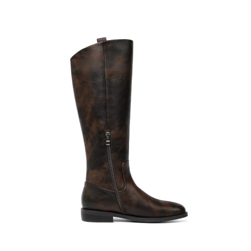 Image of Modatope Knee High Boots Women Rounded Toe Flat Retro Bais Opening Low Chunky Heel Riding Boots