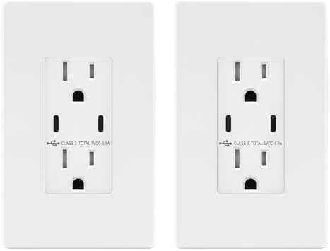 TOPGREENER 5.0A USB Outlet with 15Amp Duplex Tamper-Resistant Receptacles, 2 USB Type-C, USB Outlets Receptacles, TU2155C2-WSID2P, White, Screwless Wall Plate Included, 2 Pack