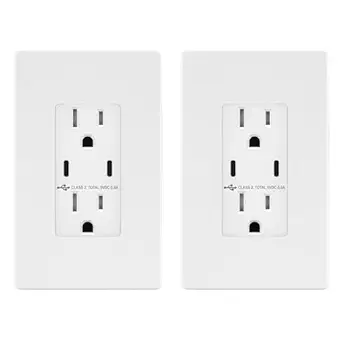 TOPGREENER 5.0A USB Outlet with 15Amp Duplex Tamper-Resistant Receptacles, 2 USB Type-C, USB Outlets Receptacles, TU2155C2-WSID2P, White, Screwless Wall Plate Included, 2 Pack