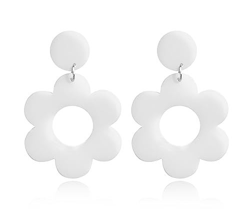 Vintage 60s 70s Big Flower Dangle Earrings Colorful Floral Acrylic Daisy Flower Drop Earring Hawaii Plant Earrings Statement Jewelry for Women