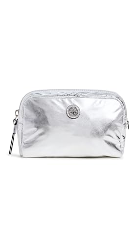Tory Burch Women's Metallic Curved Cosmetic Case, Silver, One Size