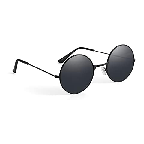 Komonee Lennon Style Black Flat Lens Round Retro Classic Sunglasses Vintage Hippy Tea Shades Unisex Steampunk UV400 Protection Cover