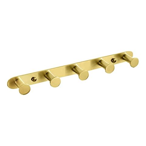 BigBig Home Gold Bathroom Towel Hook, Coat Rack with 5 Hooks Wall Mount Brushed Gold Robe Hanger Heavy Duty Stainless Steel, 13 Inch Cover