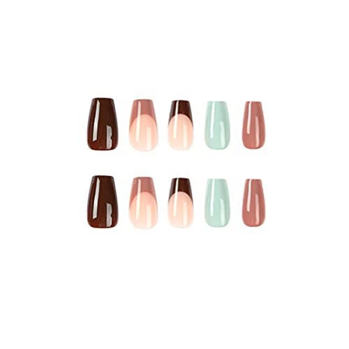 MISUD Medium Coffin Press on Nails Ballerina Fake Nails Glossy Glue on Nails Fall Brown Artificial Acrylic Nails French Tip Stick on False Nails with Design 24 pcs - Image 3