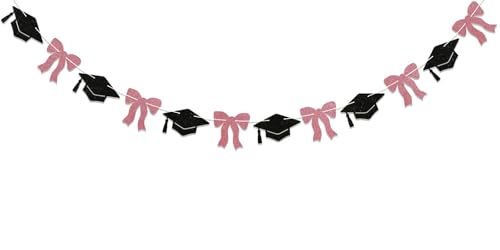 Image of Pink Graduation Decorations - Pink Bow & Graduate Cap Garland, Trendy Graduation Party Decor, 2026 Graduation Party Decorations for Girls Rose Gold Black Glitter