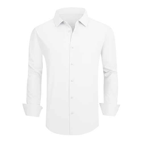 SAMERM Camisa de vestir para hombre, sin arrugas, absorbe la humedad, alta elasticidad, súper suave, casual, con botones, Camisa blanca de manga larga, Large