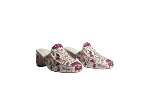 Image of Women's Hand-Embellished Floral Mules - Ornate Beaded Low Block Heel Slides - Artisanal Sequin & Threadwork Ethnic Party Shoes - Off-White /Magenta /Gold (UK Footwear Size System, Adult, Women, Numeric, Medium, 5)