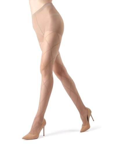 MeMoi Diamond Patterned Sheer Tights, Elegant Control Top Tights for Women, Flexible Comfort - Sizes Small to Large, Nude-Nude, Medium/Large