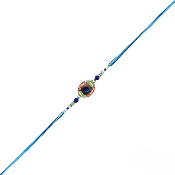 Image of I Jewels Traditional Peacock Feather Designer Rakhi for Men Boys Brother Roli Chawal & Raksha Bandhan Card