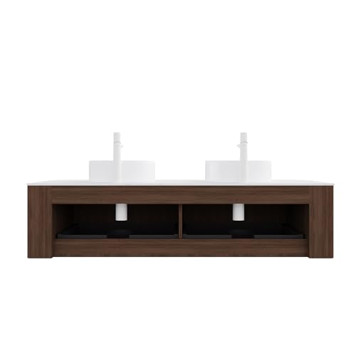 Image of KEIKI 60 inch Floating Bathroom Vanity with Sink, Double Basin Wall Vanity Cabinet with Curved Edges, 2 Soft-Close Drawers, Pre-Assembled Bathroom Storage Vanity, Walnut
