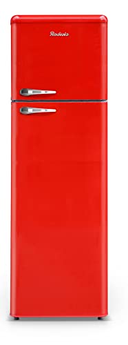 Radiola RARDP260RV, Réfrigérateur 2 portes Vintage, 258L (206+52), Froid statique, Pose libre, Dégivrage manuel, 4 clayettes, Pieds réglables, Rouge