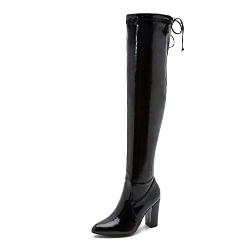 Women's Thigh High Boots Over The Knee Boot Sexy Pointed Toe Chunky Heels Boots Zipper Lace Up Long Boots