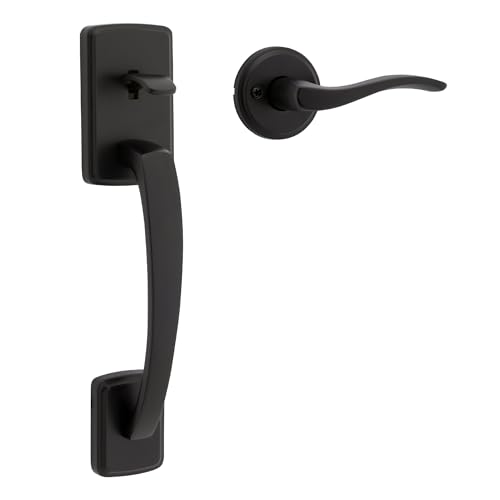 Image of Kwikset Brentford Front Door Handle No Lock, Entry Handleset Exterior with Sedona Interior Reversible Lever, Non-Locking, Matte Black, Deadbolt Not Included
