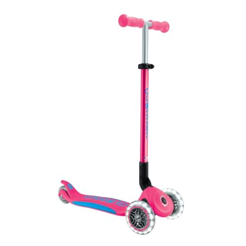 GLOBBER Primo Foldable Plus Lights Roller – Patinete infantil a partir de 3 años – Patinete 120/80 mm – ABEC 5 de 3 ruedas con ruedas LED – Altura regulable – Azul oscuro y turquesa