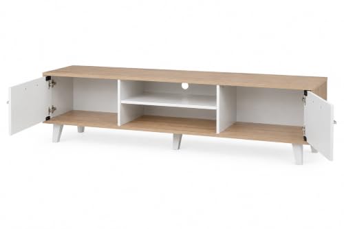 Image of Kumo Engineered Wood TV Unit for Living Room | Modern Entertainment Center with 2 Door Cabinets & Open Storage Shelves | TV Stand for Up to 75 Inch Television | Oak & White Finish | 1800 mm